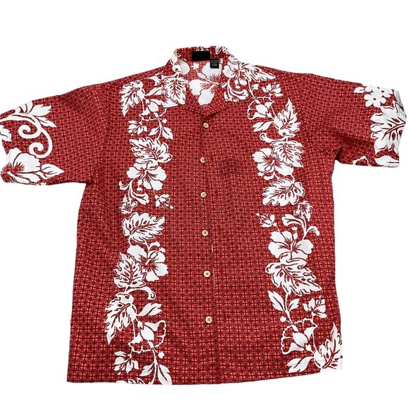 ODO Shirt‎ Men XLarge Red White Floral Tropical Hibiscus Aloha Casual VTG - Picture 1 of 9